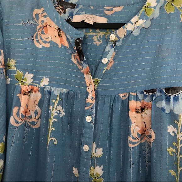 LOFT Women’s Blue Floral Cotton Blend Long Fluted Sleeve Blouse  Size S - Picture 3 of 10